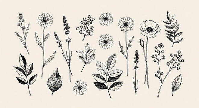 Set of botanical illustration wildflower sketch and hand drawn flowers with vintage herb and floral element details for classic naturethemed