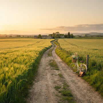 A dirt path leading through fields of ripening wheat towards a farmhouse