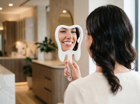 Mulher se Olha Sorrindo em Espelho com Formato de Dente