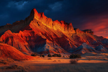 Naklejka premium Dramatic Sunset over Red Rock Formations: Majestic red rock mountains ablaze with the fiery hues of sunset, set against a dramatic twilight sky, creating a breathtaking vista of raw, untamed beauty.