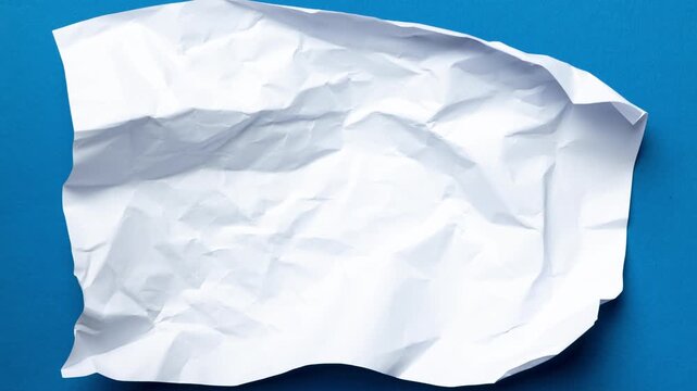 Paper ball unfolding into flat sheet and crumpling on blue background in animation. Concept of recycling messages, fresh starts, rewriting ideas, office supplies and sustainability campaigns.