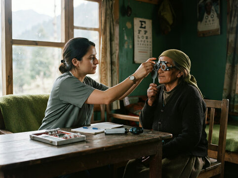 Female clinician examines senior man's eye with ophthalmoscope in rural clinic