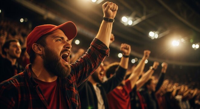 Bearded man cheering in stadium stands.