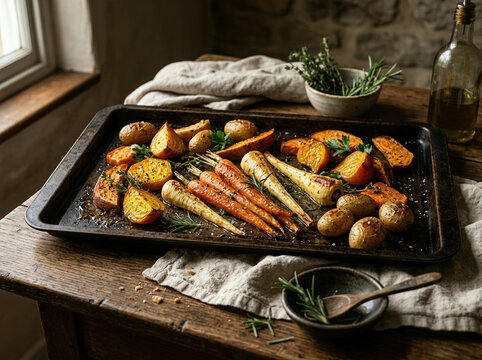 Roasted vegetables and rosemary fill a baking sheet beside oil and linen cloth.