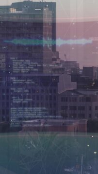 Animation of multiple screens with data processing over aerial view of cityscape