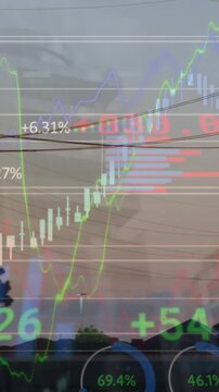 Animation of financial data processing over network towers against sunset sky