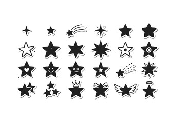 Fototapeta premium Collection of whimsical hand-drawn stars with faces and decorative elements for playful design applications.