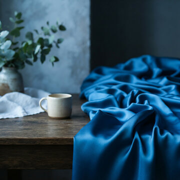 Deep blue silk gathers beside a ceramic mug and eucalyptus on a dark wooden table