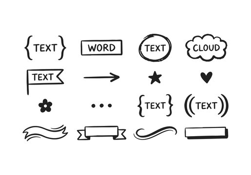 Collection of hand drawn doodle elements like text boxes stars hearts arrows ribbons and speech bubbles for design.