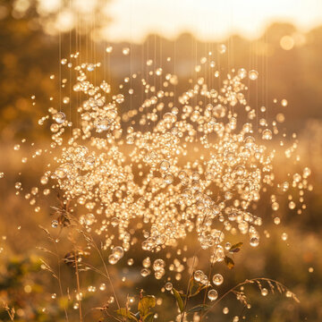 Clear glass orbs floating among tall grass and foliage in golden sunset light