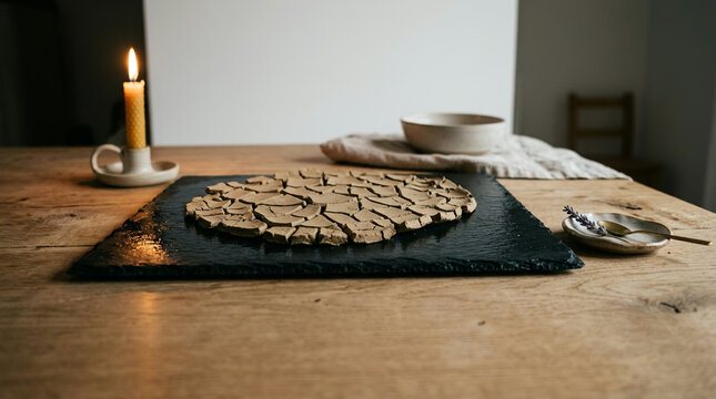 Textured clay disc with candle and lavender arranged on a wooden table