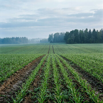 A field of young green plants growing in neat rows in a rural field under soft overcast daylight