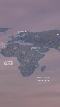 Animation of world map and financial data processing over london cityscape