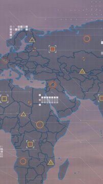 Animation of world map and data processing against aerial view of london city