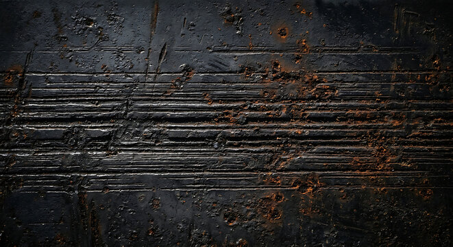 Gritty dark industrial texture featuring weathered metal with rusty scratches and deep horizontal grooves on a worn surface