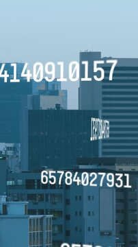 Animation of changing numbers over aerial view of modern buildings in background