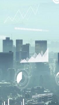 Animation of financial data processing over cityscape