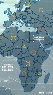 Animation of world map and data processing against aerial view of cityscape