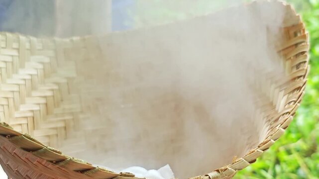 Macro bamboo weaving texture with hot steam.
