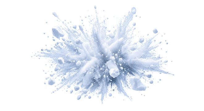 Explosion of white powder and ice chunks creating dynamic frozen blast effect for winter action scenes.