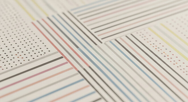 Minimalist abstract geometric pattern featuring pastel lines and dots on a textured paper background with clean linear design