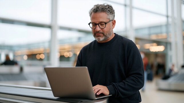 Senior coding class participant under overcast dramatic sky works on a laptop balanced on airport baggage carousel edge, process in action learning moment travel hub setting, grey