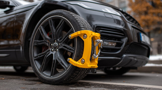 Bright Yellow Car Wheel Clamp Attached To Black Vehicle Tire Parked On City Street In Winter