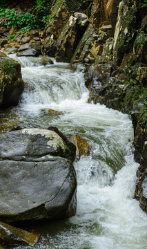 Flowing mountain stream with rocks and lush greenery along rocky gorge