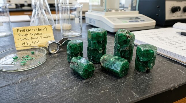 Raw, uncut emerald gemstones showcasing natural hex shapes displayed on a laboratory table with scientific equipment