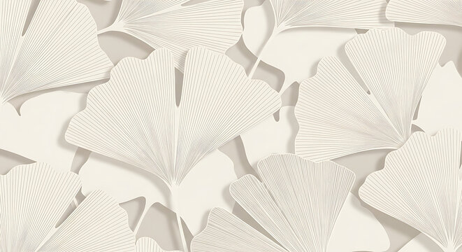 Elegant Ginkgo leaves pattern on a soft beige wallpaper background featuring a minimalist floral relief design for interior home decoration