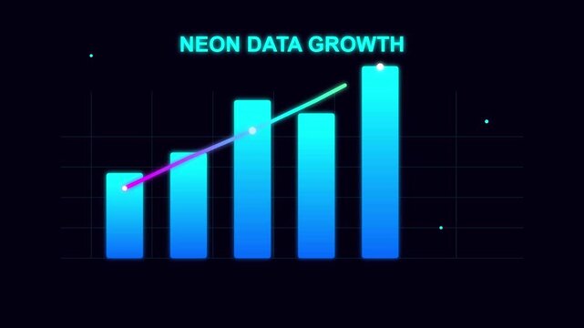 Neon bar graph chart showing business financial data growth in a digital motion animation clip