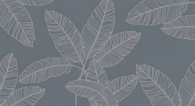 Elegant leaf and tropical botanical pattern featuring minimalist white line art on a deep grey background for modern wall decor