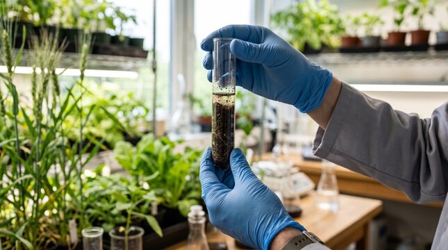 Researcher Holding Soil Sample Test Tube in Agronomy Lab