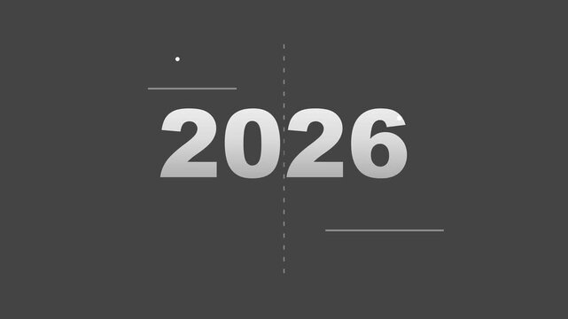 Animated twenty twenty six year marker displaying modern calendar motion graphics on dark background video footage