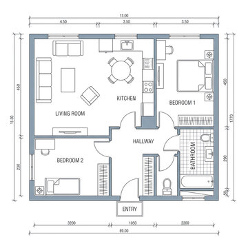 Professional floorplan and architectural layout of a modern twobedroom apartment showing a detailed blueprint with dimensions and furniture