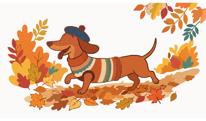 Playful dachshund puppy with autumn leaves wearing knitted vest and beret vector illustration