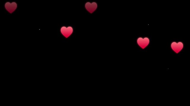 Floating red heart shapes moving upward in dark black motion video clip for romantic design background
