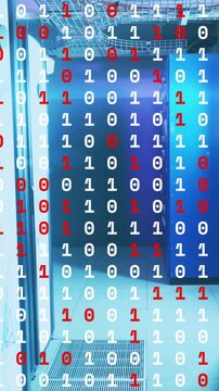 Binary code in red and white over animation of server room