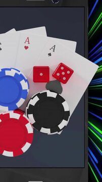 Poker chips, dice, and playing cards animation over smartphone with colorful streaks background