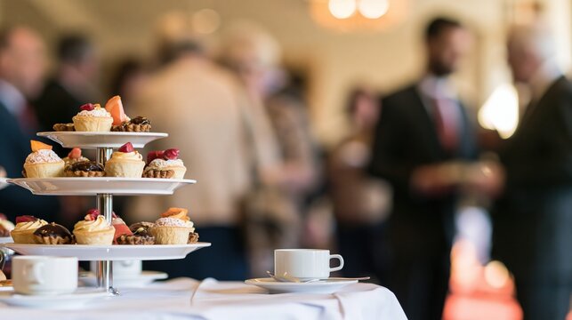 Three tier stand with assorted cupcakes and tea cups on table