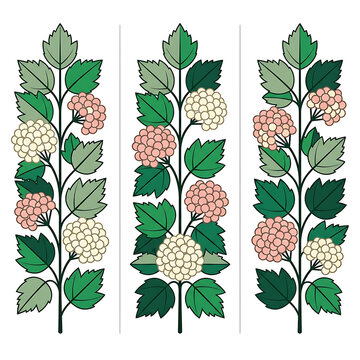 Viburnum floral branch with clusters of pink berries and green leaves in a vertical decorative illustration for botanical design
