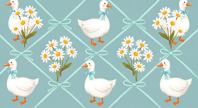 Nursery wallpaper Charming seamless pattern featuring a white duck wearing a blue ribbon beside a daisy flower bouquet in a whimsical cottagecore