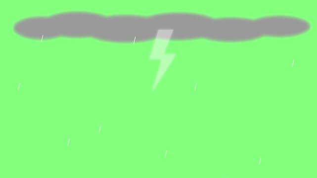 Stormy weather animation showing heavy rain and flashing lightning bolts on a vibrant green screen background