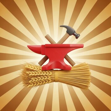Red Anvil and Hammer Crossed Over Golden Wheat Sheaf, Representing Craftsmanship and Agriculture