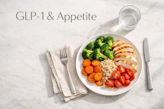 Plate with grilled chicken, vegetables, and quinoa on marble surface, copy space