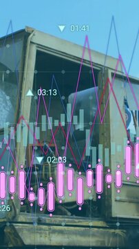 Analyzing financial data animation over operating industrial machinery in factory