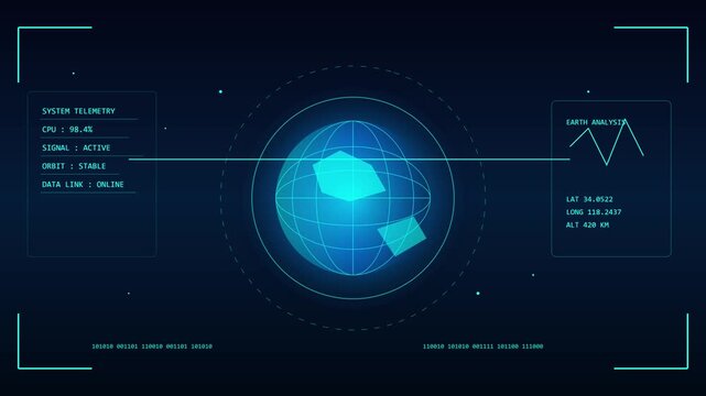 Digital globe animation showing scientific data analysis and orbital monitoring in this blue futuristic video clip