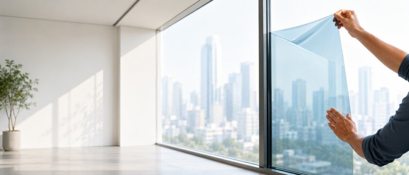 Window film application on a large glass panel in modern high-rise apartment