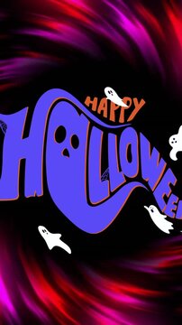 Happy Halloween text animation with ghosts over swirling red and purple background
