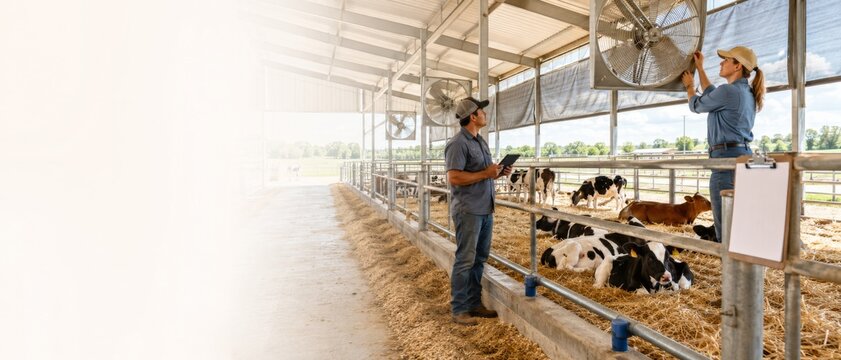 Farm workers adjusting barn fans for livestock heat preparation, summer concept